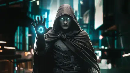 A mysterious figure in a dark cloak holds a glowing orb, set against a futuristic city backdrop. This 4K Ultra HD wallpaper captures an intriguing time traveler theme.