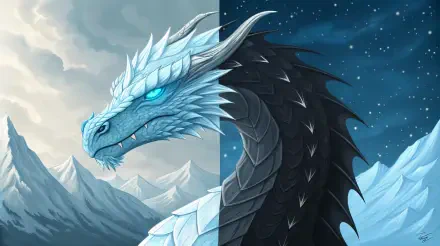 Stunning 4K Ultra HD wallpaper featuring an ice dragon with a shimmering blue and white head, contrasting against a dark, starry background and rugged snowy mountains.