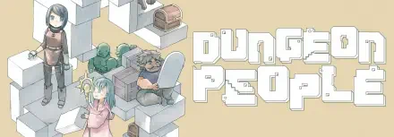 Anime-themed HD desktop wallpaper featuring characters from Dungeon People surrounded by treasure chests and a whimsical dungeon setting.