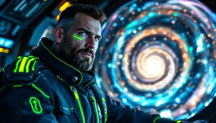 A starship captain in a futuristic cockpit gazes intently as a swirling cosmic vortex illuminates the background, captured in stunning 4K Ultra HD detail.
