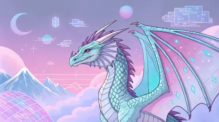A pastel-colored ice dragon with wings spread, set against a dreamy mountain landscape under a crescent moon. 4K Ultra HD fantasy illustration wallpaper.