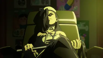 Anime HD PC desktop wallpaper and background: Dandadan's Queen Sensei reclines in an armchair, cane in hand, half-lit face and moody shadows.