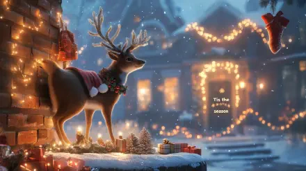 A charming deer adorned with Christmas ornaments stands beside a cozy, snow-covered home, illuminated by festive lights. Text reads Tis the season, capturing the holiday spirit.