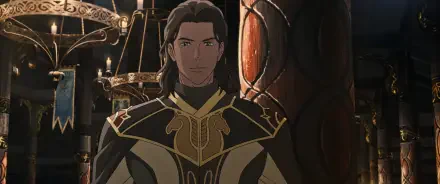 An animated character from The Lord of the Rings: The War of the Rohirrim stands confidently, featuring intricate armor and a detailed background, in this HD anime wallpaper.