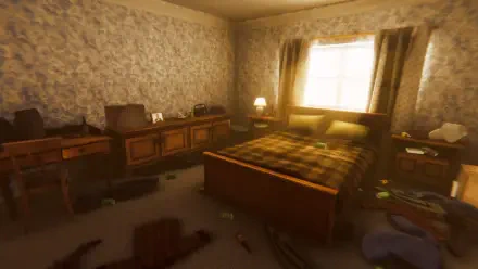 A detailed 4K Ultra HD wallpaper from the video game Among Ashes, featuring a cluttered bedroom bathed in warm sunlight, creating an immersive atmosphere.