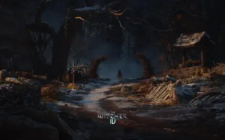 A dark, atmospheric HD wallpaper from The Witcher IV, featuring a winding path through a shadowy forest, with a figure in the distance and rustic structures nearby.