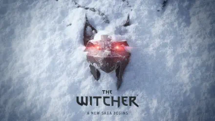 A striking 4K Ultra HD wallpaper for The Witcher IV, featuring a wolf’s head emblem partially buried in snow, with glowing red eyes and the tagline A New Saga Begins.