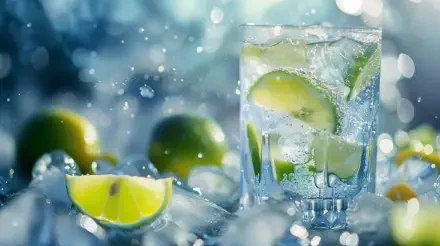 A refreshing cold drink in a clear glass, garnished with lime slices, surrounded by ice and limes, set against a vibrant blue background. 4K Ultra HD desktop wallpaper.