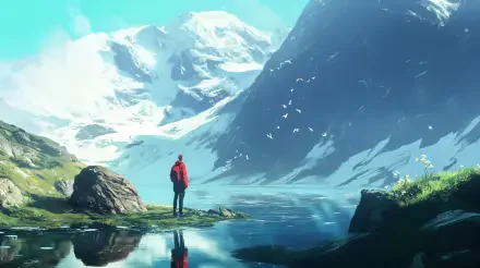 A stunning 4K Ultra HD landscape featuring a serene fjord surrounded by majestic mountains, with a figure in a red jacket standing by the calm waters.