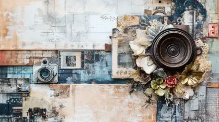 A beautifully crafted scrapbook design featuring vintage cameras, decorative flowers, and textured backgrounds, presented as a vibrant 4K Ultra HD desktop wallpaper and background.