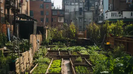 A vibrant urban garden filled with lush greenery and raised planting beds, surrounded by city buildings. Captured in stunning 4K Ultra HD, showcasing the harmony of nature and city life.