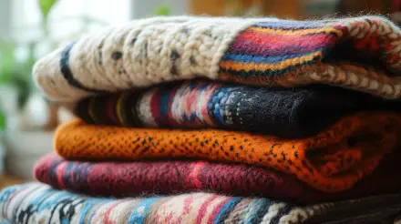 Stacked colorful knitwear and cozy blankets featuring rich textures and patterns, captured in a 4K Ultra HD desktop wallpaper showcasing vibrant textiles and sweaters.