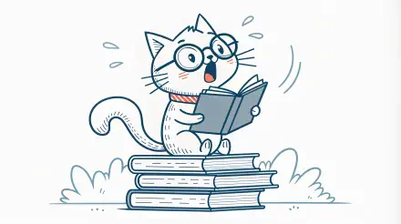 A funny illustration of a surprised cat wearing glasses, eagerly reading a book while perched on a stack of books, designed as a vibrant 4K Ultra HD PC desktop wallpaper.