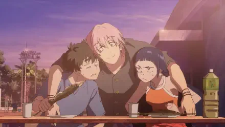 Three characters from the anime Negative Positive Angler share a lighthearted moment at a table, enjoying food against a colorful sunset backdrop. HD PC desktop wallpaper.