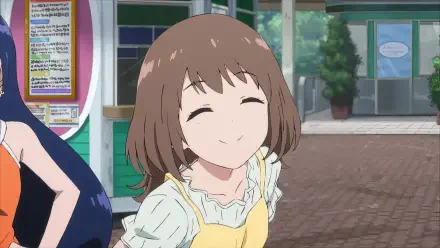 A cheerful anime character smiles warmly in a colorful outdoor setting, featured as a high-definition PC desktop wallpaper and background under the theme Negative Positive Angler.