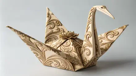 A beautifully crafted origami swan with intricate patterns, presented as a 4K Ultra HD desktop wallpaper and background, showcasing the art of paper folding.
