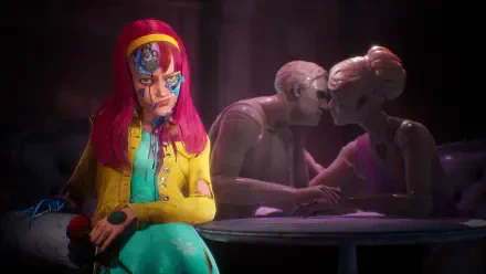A striking 4K Ultra HD wallpaper from the video game *Judas (2025)*, featuring a colorful character sitting in front of a romantic scene between two figures.