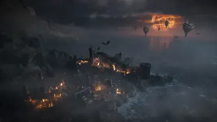 A dramatic HD background from DOOM: The Dark Ages, featuring a haunting landscape with a burning castle and ominous skies, evoking a sense of suspense and adventure.