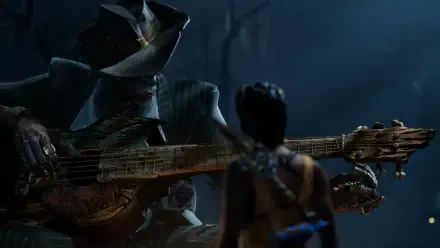 A captivating HD wallpaper from the video game South of Midnight, featuring a mysterious character playing guitar, set against a dark, atmospheric background.