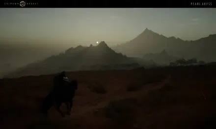 A stunning 4K Ultra HD wallpaper from the video game Crimson Desert, showcasing a rider on horseback against a backdrop of majestic mountains at sunrise.