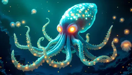 A glowing deep sea creature with vibrant, sparkling tentacles swims through an underwater scene, showcasing mesmerizing details in this stunning 4K Ultra HD desktop wallpaper.