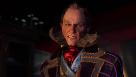 A close-up of a character from the video game Clockwork Revolution, featuring intricate clothing and an intense expression, set against a dark, atmospheric background. 4K Ultra HD quality.