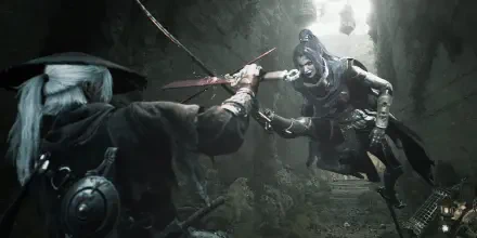 A dynamic scene from the video game Phantom Blade Zero, featuring a confrontation between two characters in a dark, atmospheric setting, showcasing high-definition detail and intensity.