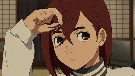 HD anime desktop wallpaper featuring Momo Ayase from Dandadan, depicted with short brown hair and expressive eyes in a casual pose.