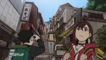 Anime HD PC desktop wallpaper from Dandadan: Momo Ayase and Jin Enjouji in the foreground while Ken Takakura stands atop sunlit city steps, vibrant urban street scene background.