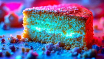 A colorful sponge cake slice with frosting, captured in vibrant 4K Ultra HD detail, serves as a rich and inviting dessert desktop wallpaper background.