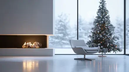 A minimalist holiday scene featuring a modern chair beside a glowing fireplace, with a beautifully decorated Christmas tree and a snowy landscape visible through large windows. 4K Ultra HD wallpaper.