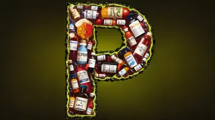 A vibrant 4K Ultra HD wallpaper features the letter P composed of various colorful bottles, set against a dark green background, creating a striking visual impact.