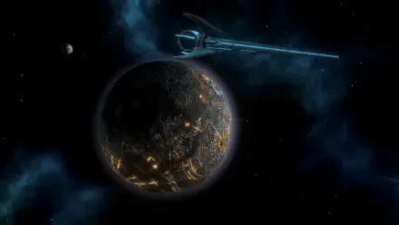 4K Ultra HD PC desktop wallpaper and background: a lava-fissured alien planet in shadow with a sleek ringed spacecraft trailing light across a blue nebula and starfield.