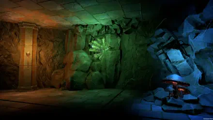 An HD desktop wallpaper for the video game Pantheon: Rise of the Fallen, featuring a mystical underground scene with glowing rocks and an otherworldly atmosphere.
