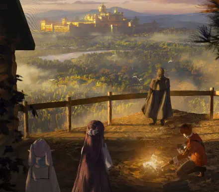 Anime HD desktop wallpaper featuring characters Frieren, Fern, and Stark from Frieren: Beyond Journey's End overlooking a scenic, misty forest landscape at sunrise.