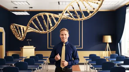 A confident young man stands in a classroom adorned with a striking DNA helix above him, serving as a vibrant backdrop for this 4K Ultra HD biology desktop wallpaper.