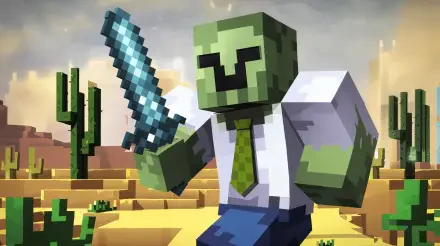A Minecraft zombie character dons a shirt and tie, brandishing a sword amidst a desert landscape, captured in vibrant 4K Ultra HD for a dynamic desktop wallpaper.