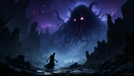 A figure stands in a desolate landscape, facing a massive Lovecraftian horror looming in a dark, starry sky. This 4K Ultra HD wallpaper captures the essence of cosmic dread.