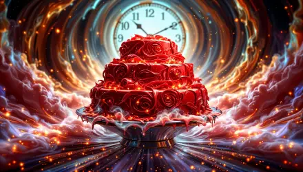 A stunning red velvet cake adorned with decorative swirls, set against a vibrant, cosmic background and a clock, creating a captivating 4K Ultra HD wallpaper.