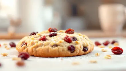 A close-up of a freshly baked oatmeal raisin cookie, with plump raisins and oats, set against a softly blurred kitchen background. This 4K Ultra HD image makes for a vibrant desktop wallpaper.