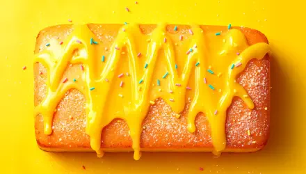A vibrant lemon drizzle cake topped with a glossy yellow glaze and colorful sprinkles, set against a bright yellow background, designed as a 4K Ultra HD PC desktop wallpaper.