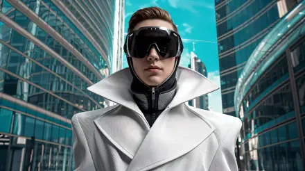 A futuristic time traveler stands confidently in a sleek white coat and high-tech goggles, set against a backdrop of modern skyscrapers. 4K Ultra HD PC desktop wallpaper.