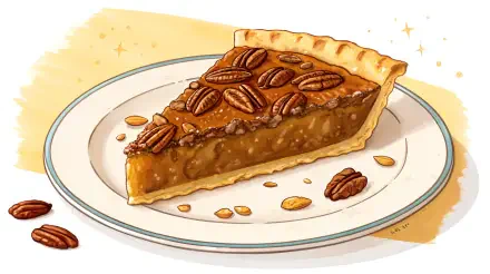 A detailed 4K Ultra HD illustration of a pecan pie slice on a white plate, showcasing a rich dessert with whole pecans and sweet filling, set against a subtle golden background.
