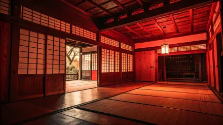 A serene dojo interior featuring warm wooden tones and shoji screens, illuminated by soft lighting, creating a tranquil and inviting atmosphere for meditation or practice. 4K Ultra HD PC desktop wallpaper.