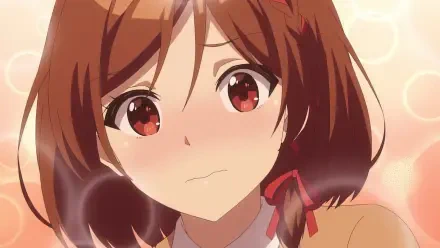 Close-up of a blushing anime girl with brown hair and red eyes from I'm Getting Married to a Girl I Hate in My Class, featured as an HD PC desktop wallpaper.