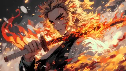 Kyojuro Rengoku from Demon Slayer: Kimetsu no Yaiba is depicted wielding a flaming sword in a vibrant 4K Ultra HD PC desktop wallpaper.