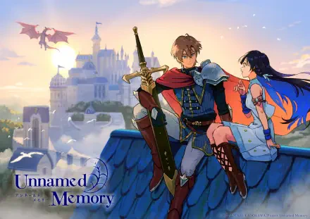 A vibrant 4K Ultra HD anime wallpaper from Unnamed Memory featuring a hero with a sword and a companion on a rooftop, overlooking a majestic castle and dragon in the background.