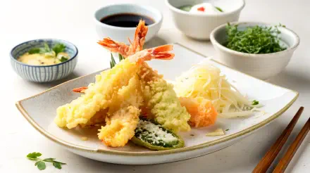A vibrant display of tempura, featuring golden-battered shrimp and vegetables, served with dipping sauces and garnishes, making for a stunning 4K Ultra HD desktop wallpaper and background.