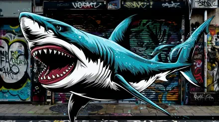A vibrant 4K Ultra HD desktop wallpaper featuring a Megalodon shark against a backdrop of colorful graffiti, showcasing dynamic art and marine energy.