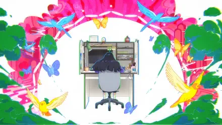 4K Ultra HD anime wallpaper by Natsuko Hirose, featuring a character sitting at a desk surrounded by vibrant butterflies and colorful foliage in a dreamy, artistic style.